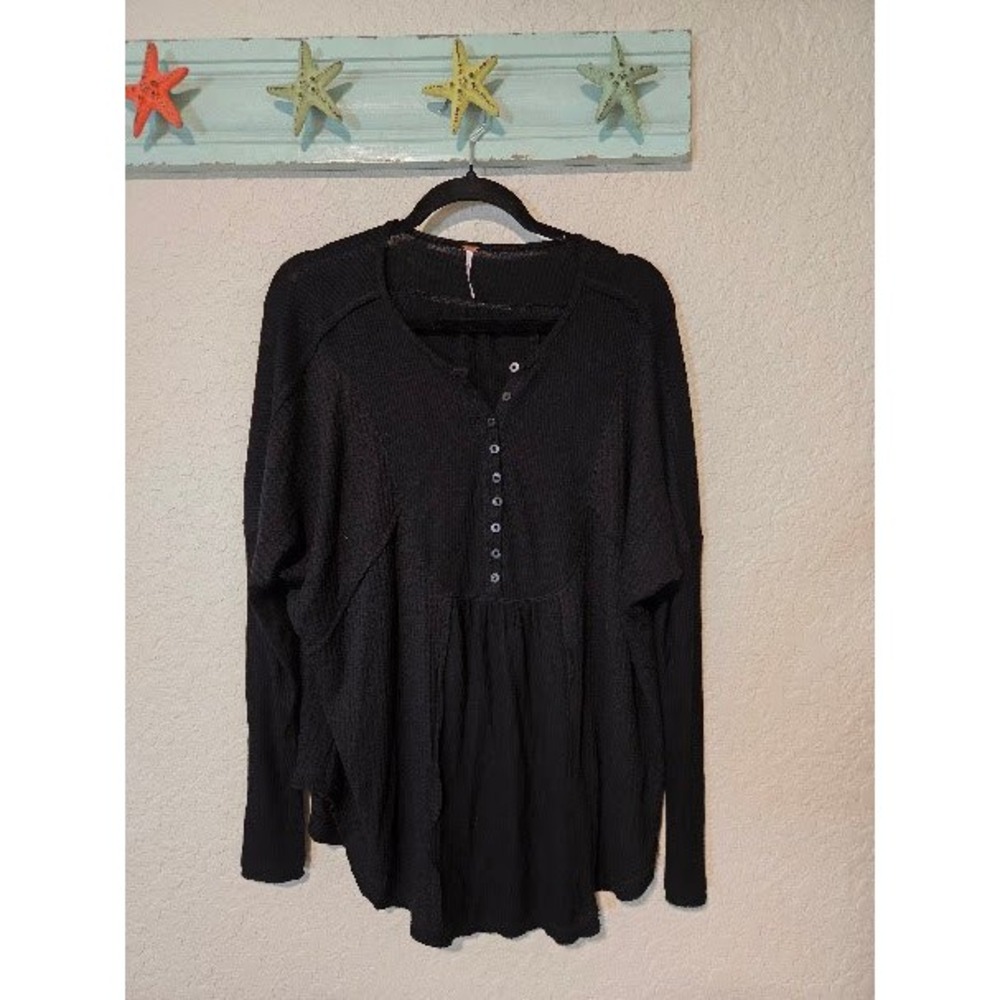 Free People Black Waffle Long Sleeve Blouse